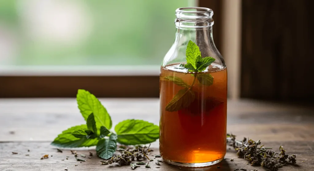 Glass bottle of herbal cordial with fresh mint leaves inside, placed on a wooden surface with dried herbs and fresh mint sprigs nearby.