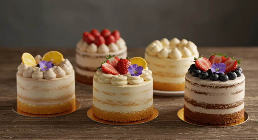 A variety of frosted mini cakes topped with fruit and edible flowers on a wooden table.