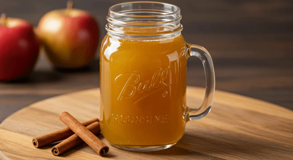 Mason jar of apple pie moonshine with cinnamon sticks and apples on a wooden surface.