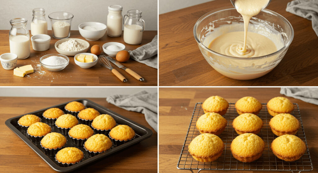 Step-by-step process of making mini cakes with ingredients, batter mixing, baking, and cooling stages.