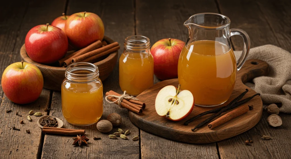 Rustic arrangement of apple pie moonshine ingredients, including apples, cider, cinnamon sticks, cloves, nutmeg, and vanilla on a wooden table.