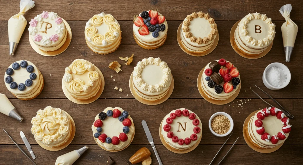A variety of creatively decorated mini cakes with frosting, berries, fondant, and piping tools on a wooden table.