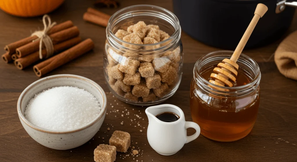 Assorted sweeteners including white sugar, brown sugar cubes, maple syrup, and honey with cinnamon sticks on a wooden table.