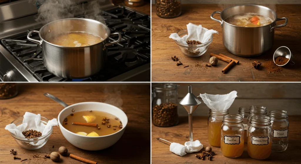 Homemade apple pie moonshine being simmered, strained, and bottled in mason jars with spices and ingredients on a rustic kitchen counter.