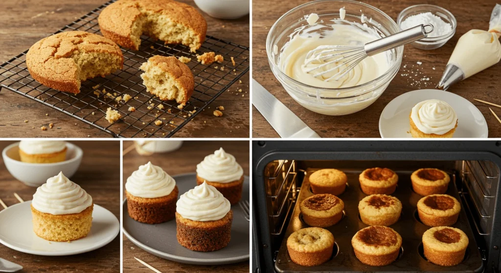 Common mini cake baking problems and solutions shown through frosting, baking, and cooling process images.